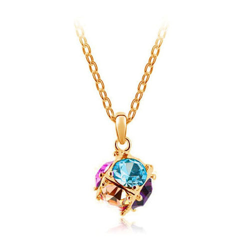 Korean jewelry wholesale crystal ball colorful crystal necklace - Love Cube 1111-46  Gold   sea blue - Mega Save Wholesale & Retail