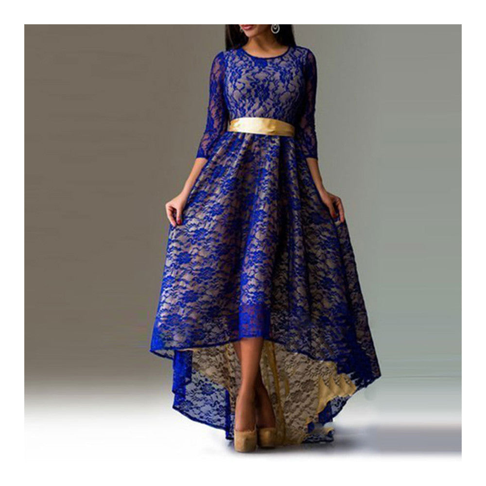 Lace Dress Irregular Bottom Swallow-tailed Slim Sexy Dress   sapphire blue   S - Mega Save Wholesale & Retail - 1