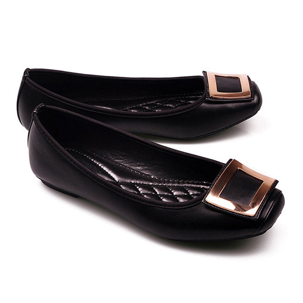 Metal Square Button Flat Thin Shoes Women Plus Size Work  black - Mega Save Wholesale & Retail