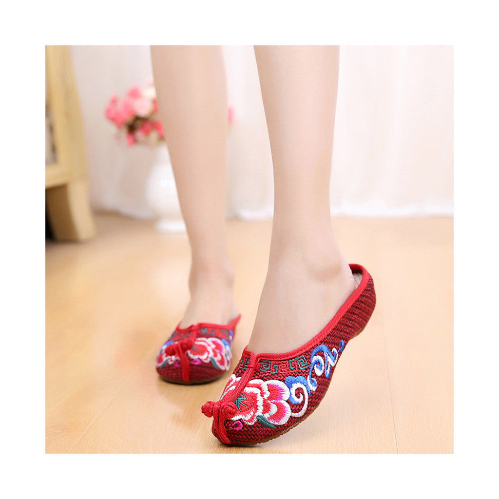 Beijing Cloth Shoes National Style Vintage Embroidered Shoes Flax Cloth Woman Home Slippers wine red - Mega Save Wholesale & Retail - 3