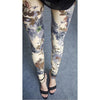 Womens sexy leggings Stretchy fit skin pants trousers Chinese traditional ink Pattern Khaki bottom flowers - Mega Save Wholesale & Retail