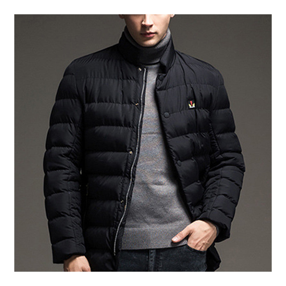 Man Solid Color Stand Collar Warm Cotton Coat   black  M - Mega Save Wholesale & Retail - 1