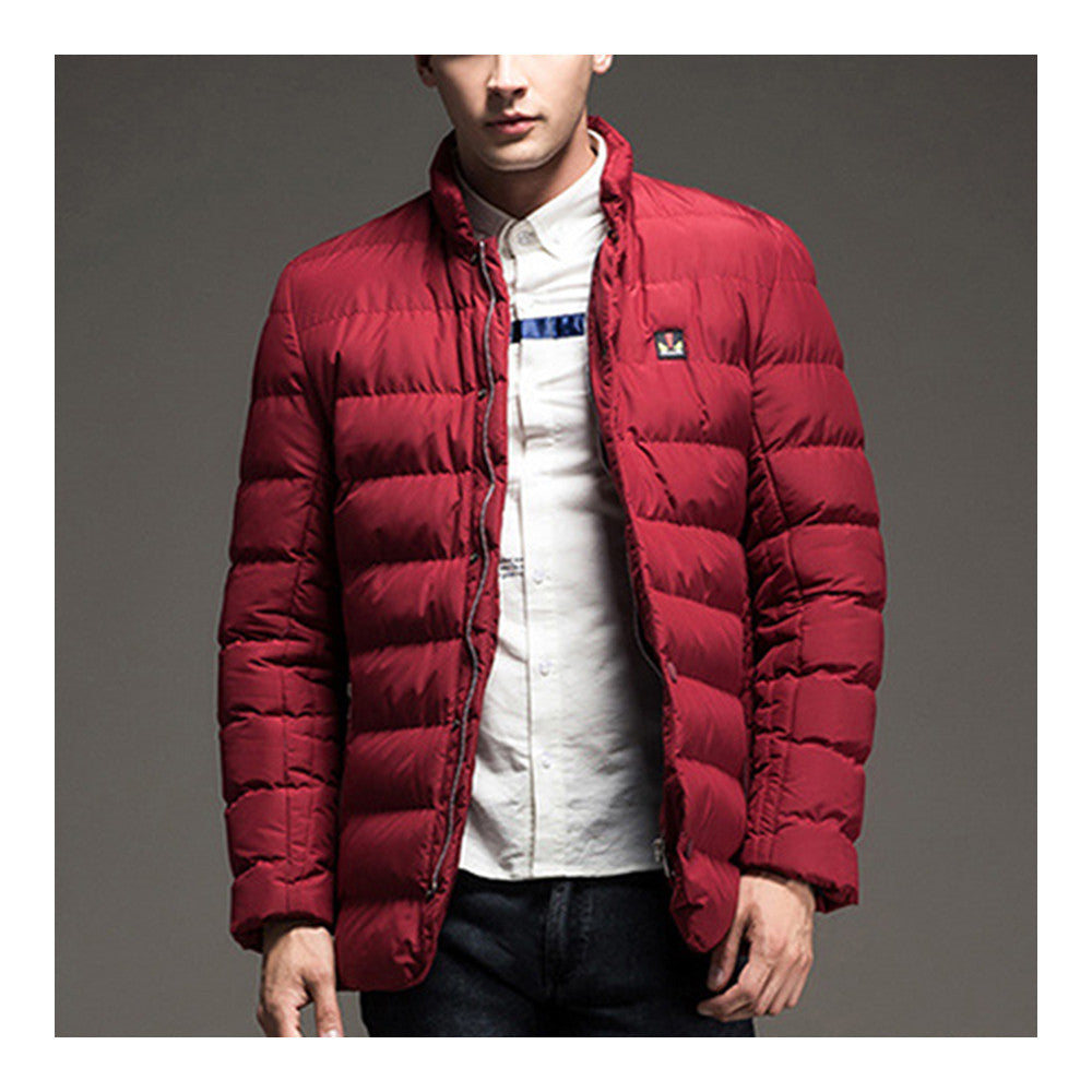 Man Solid Color Stand Collar Warm Cotton Coat   red  M - Mega Save Wholesale & Retail - 1