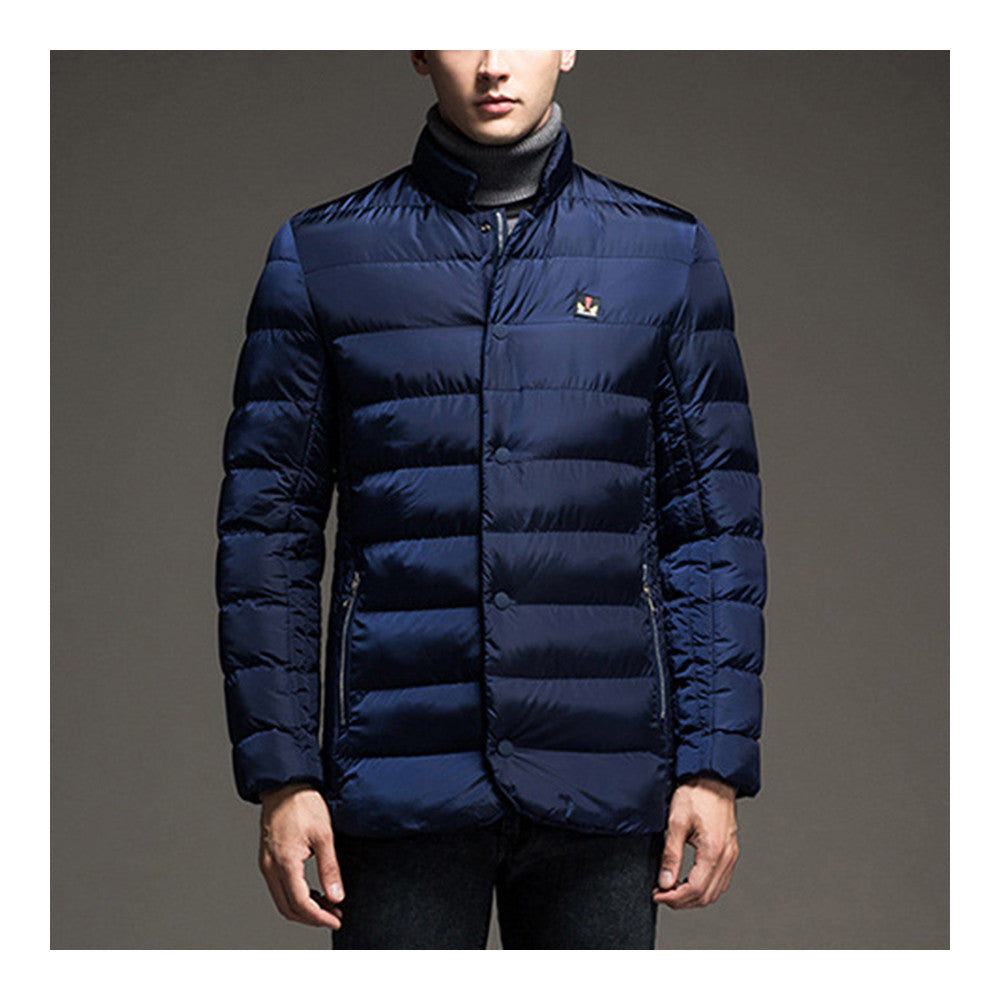 Man Solid Color Stand Collar Warm Cotton Coat    blue  M - Mega Save Wholesale & Retail - 1