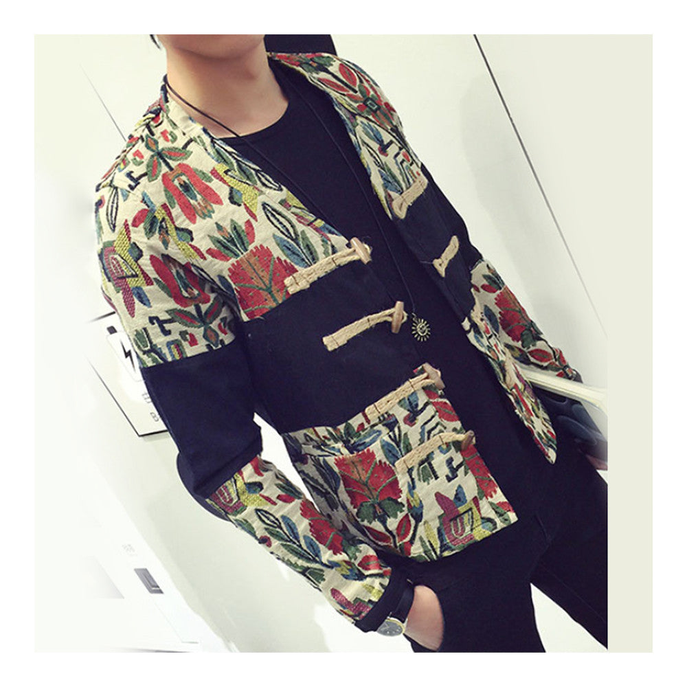 Splicing Floral Jacket Plate Button Man Coat   M - Mega Save Wholesale & Retail - 1