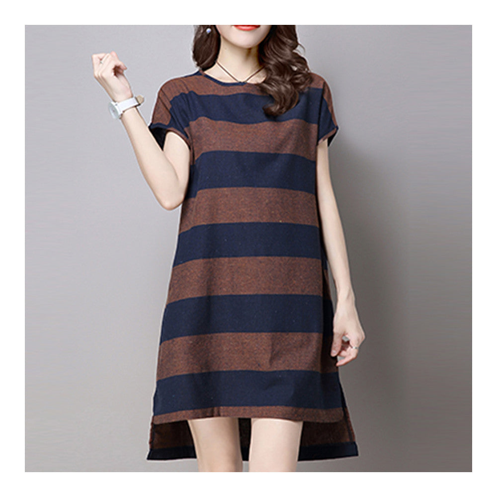 Plus Size Stripe Irregular Middle Long Dress   khaki   M - Mega Save Wholesale & Retail