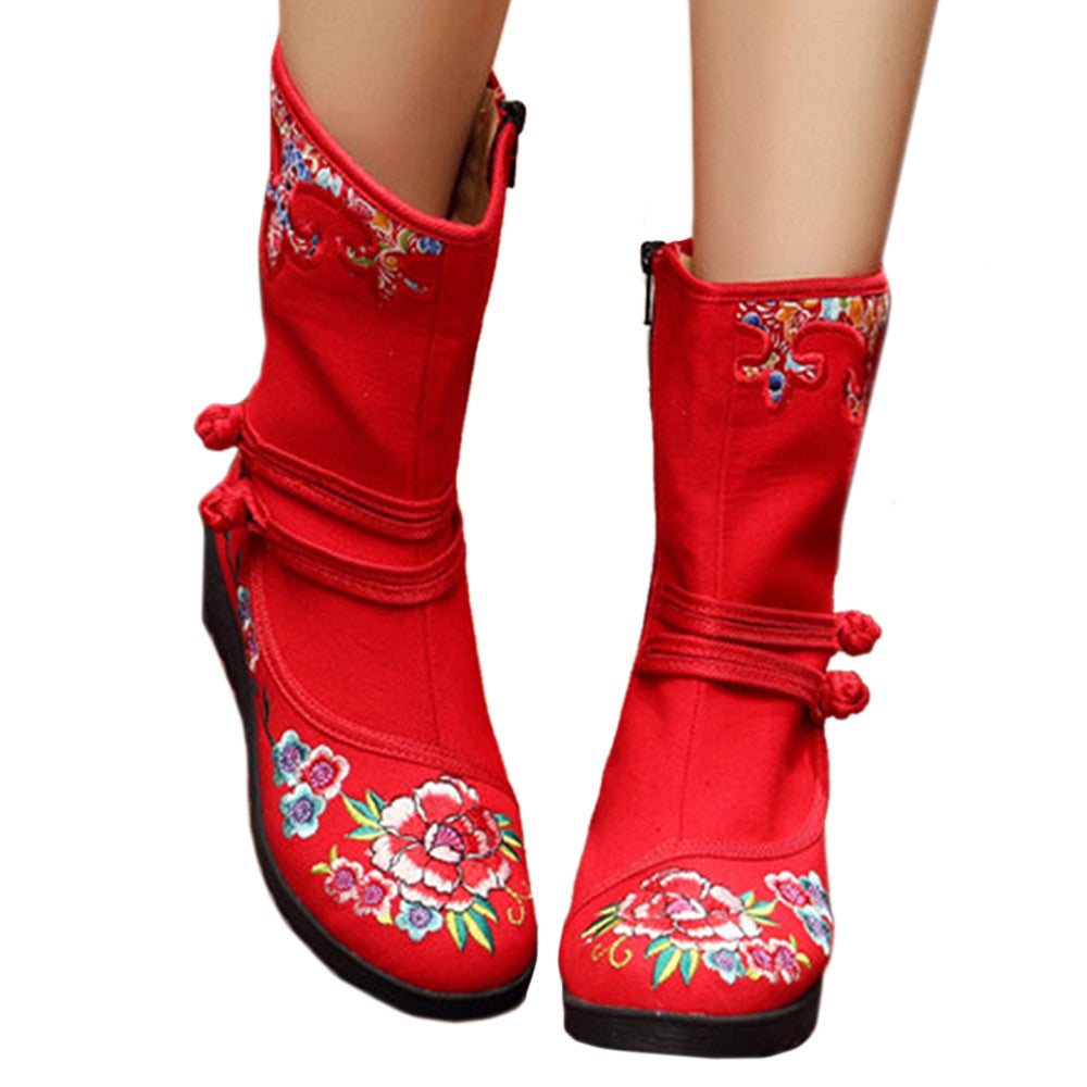Vintage Beijing Cloth Shoes Embroidered Boots red - Mega Save Wholesale & Retail - 1