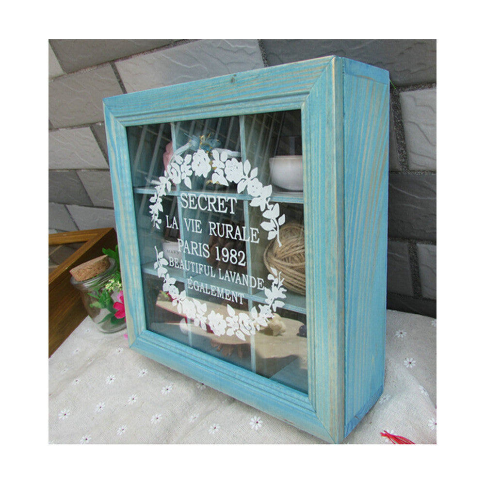 Zakka Retro Vintage 9 Cabinets Jewelry Storage Wooden Box Clear Cover   Blue petal - Mega Save Wholesale & Retail - 1