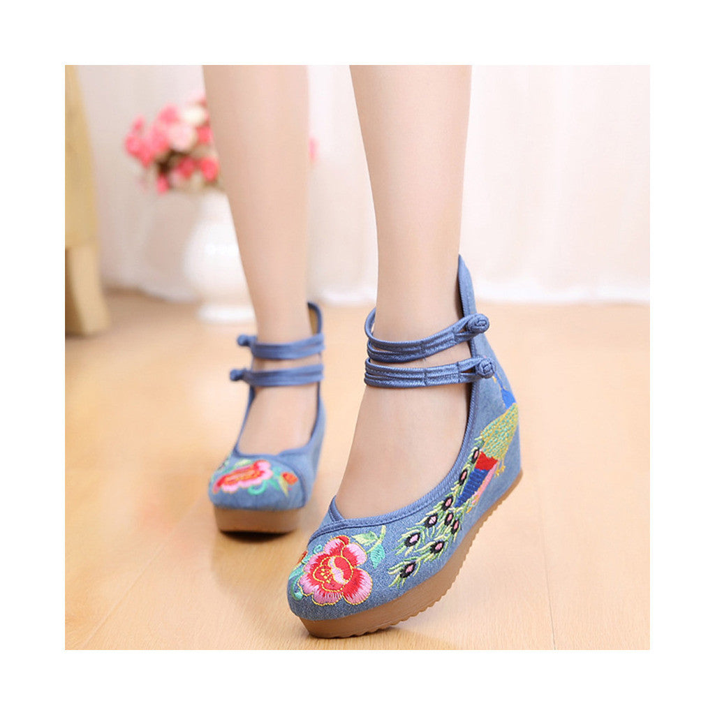 Old Beijing Traditional Chinese Blue High Heeled Woman National Style Slipsole Shoes with Embroidery & Ankle Straps - Mega Save Wholesale & Retail - 1