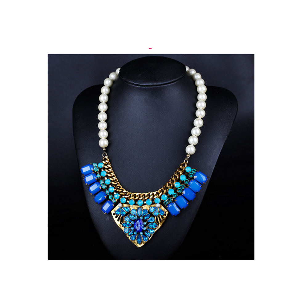 European Exaggerated Necklace Zircon Pearl Square National Style Necklace   blue - Mega Save Wholesale & Retail - 1