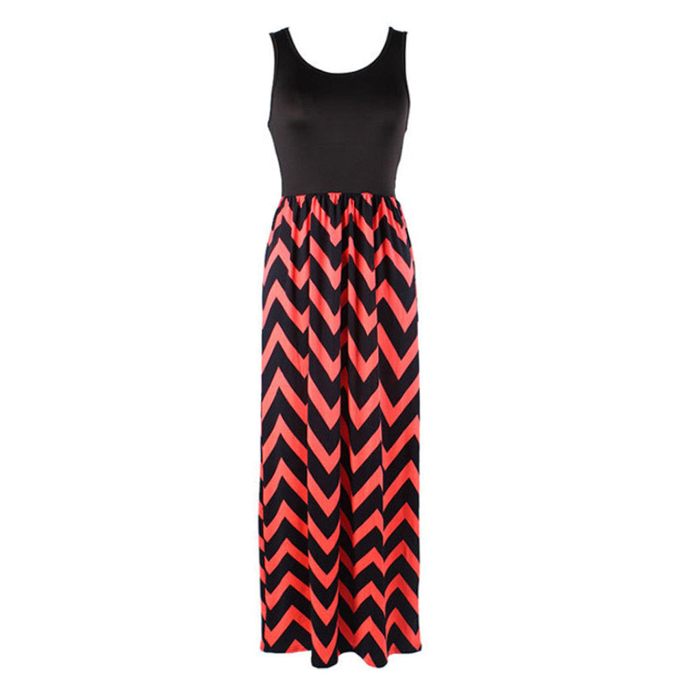 Wave Stripe Dress Sleeveless Vest Skirt   orange black   S - Mega Save Wholesale & Retail - 1