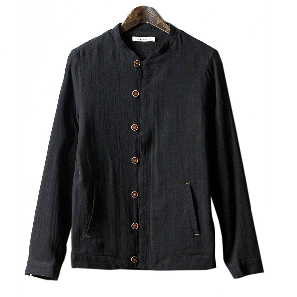 Stand Collar Jacket Flax Coat Slim Man  black   M - Mega Save Wholesale & Retail - 1