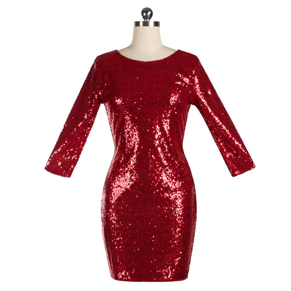 Summer Sexy Paillette Slim Dress Full Dress   wine red   S - Mega Save Wholesale & Retail - 1