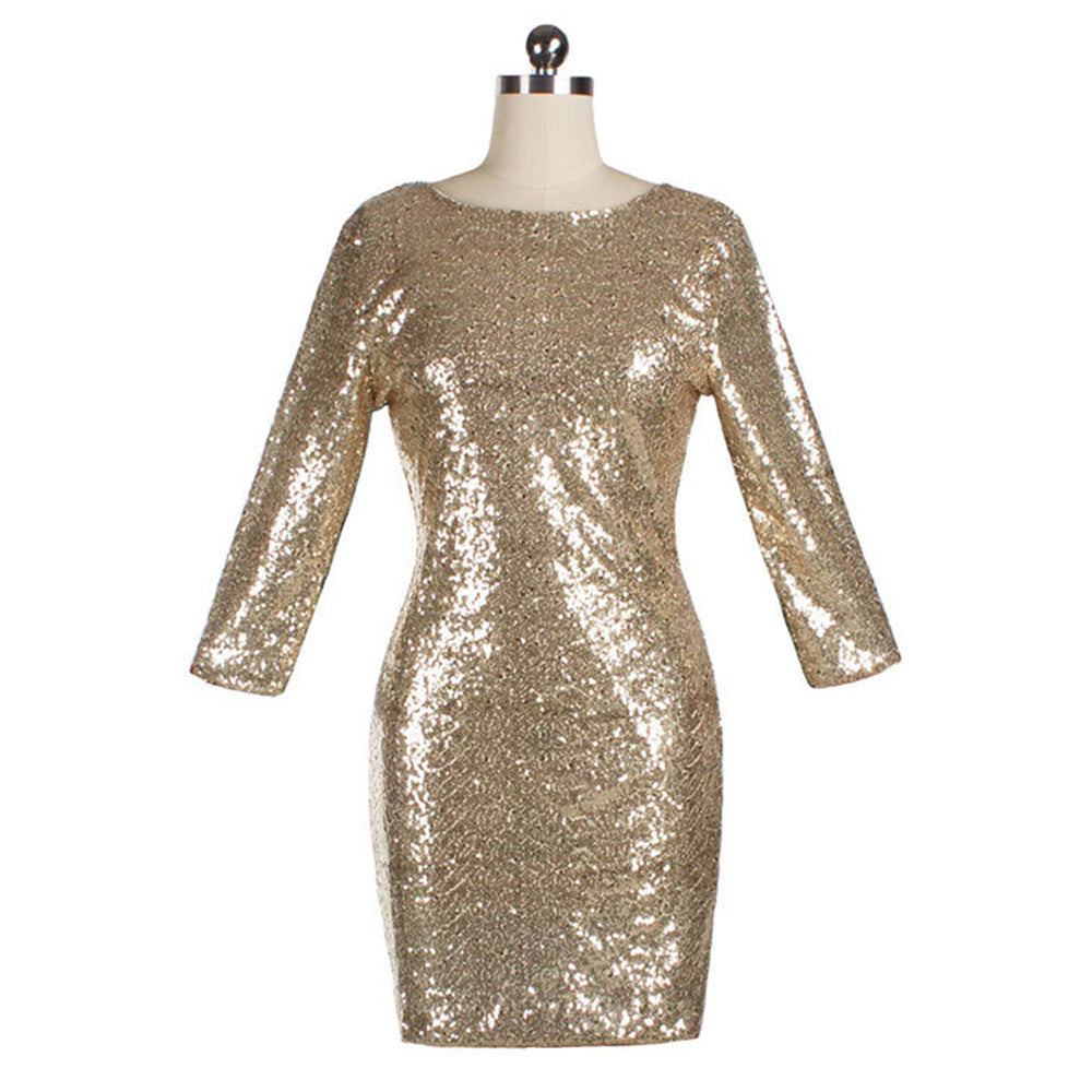 Summer Sexy Paillette Slim Dress Full Dress   golden   S - Mega Save Wholesale & Retail - 1