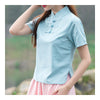 Plate Button Splicing Stand Collar Short Sleeve T-shirt   light blue   M - Mega Save Wholesale & Retail - 2