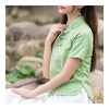 Plate Button Splicing Stand Collar Short Sleeve T-shirt   green   M - Mega Save Wholesale & Retail - 2