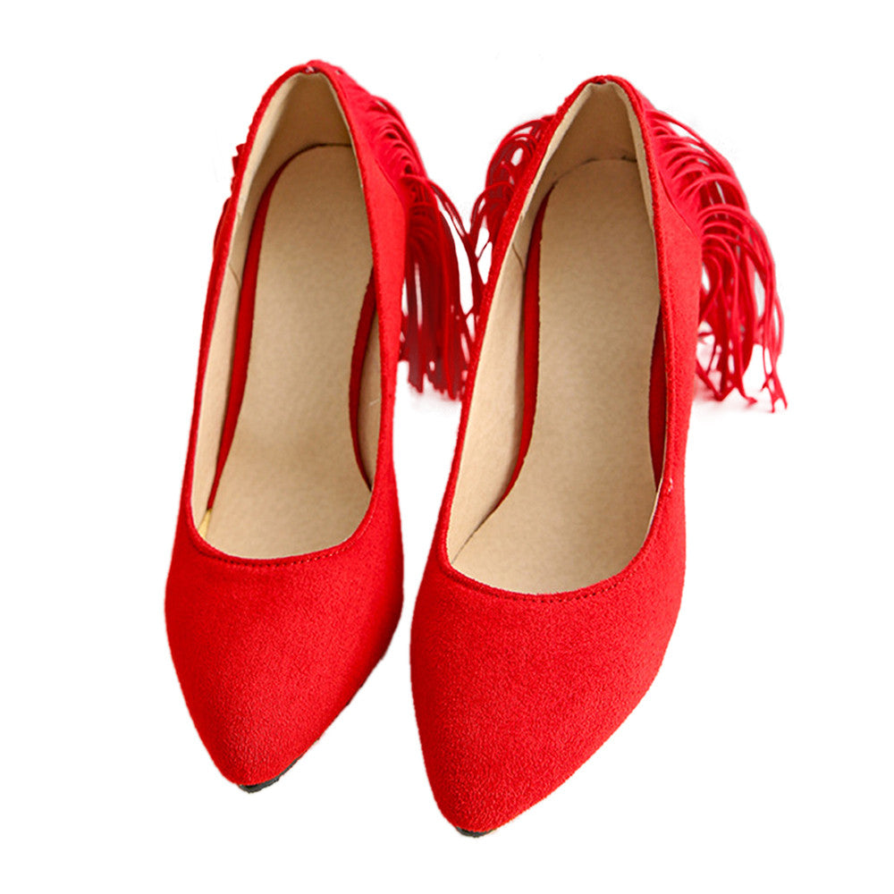 Tassel High Heel Women Thin Shoes Fluff Low-cut Wedding Shoes Plus Size   red - Mega Save Wholesale & Retail