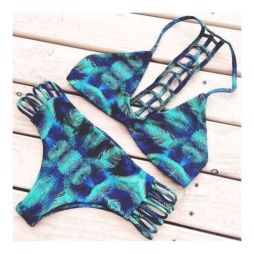 Swimwear Swimsuit Bikini Floral Printing   green flower  S - Mega Save Wholesale & Retail