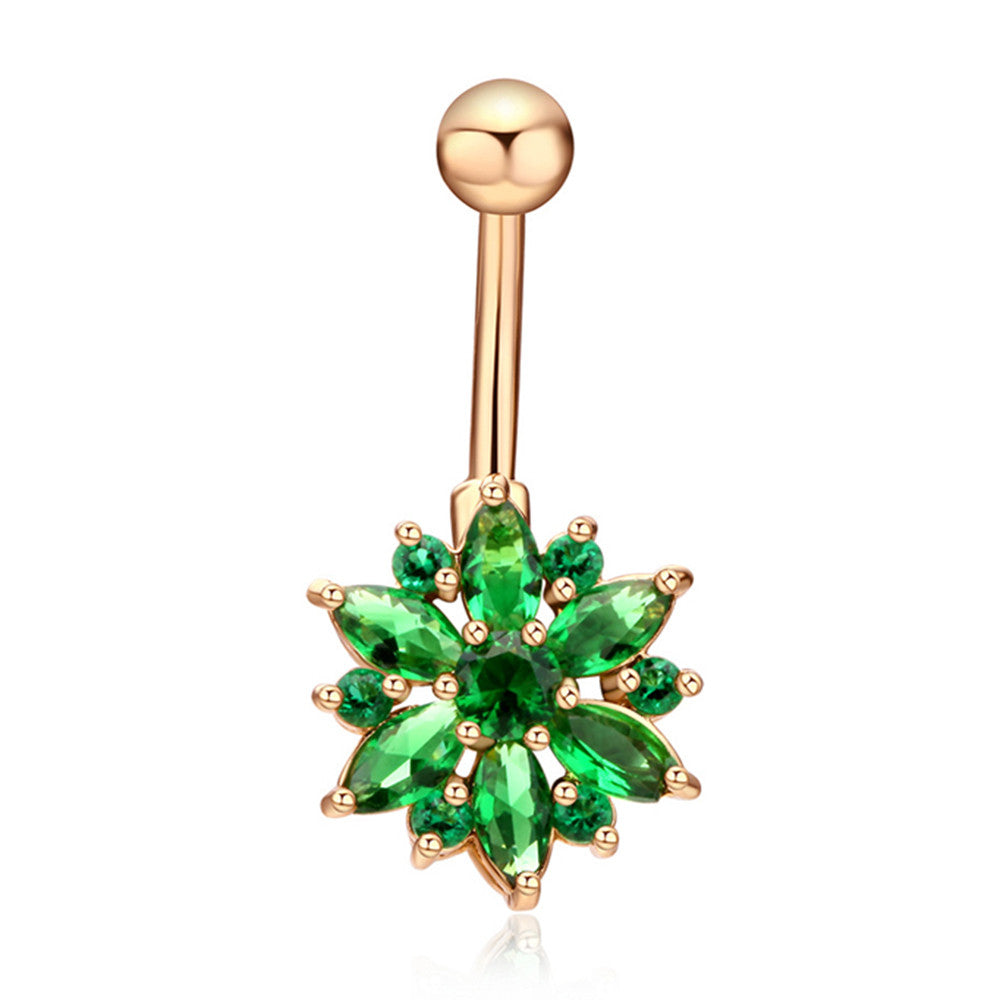 Puncture Ornament Chrysanthemum Zircon Navel Ring Buckle    gold plated green zircon