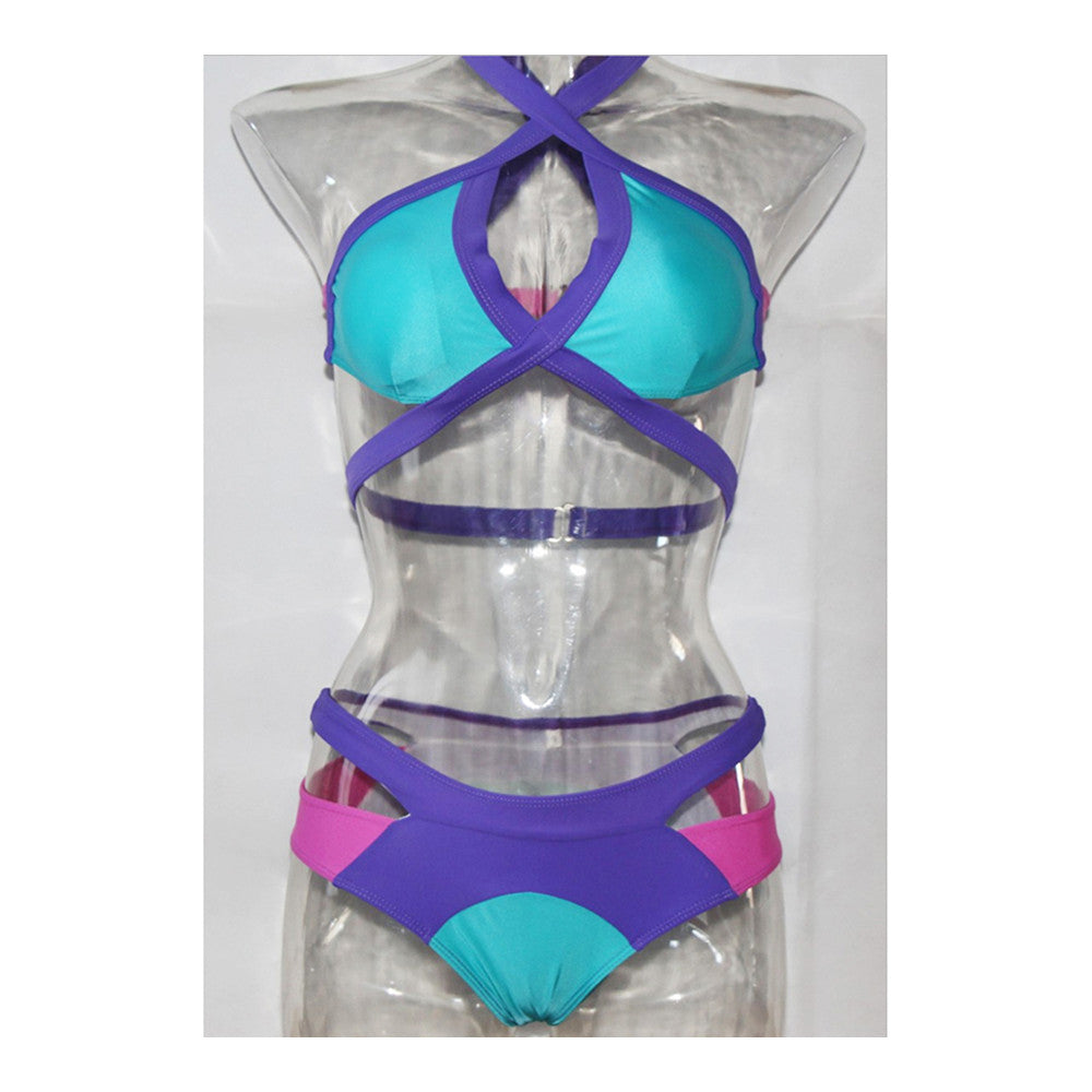 Bikini Ribbon Women Swimwear Swimsuit Vintage   green+purple  S