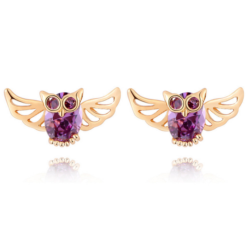 Owl Ear Studs Top Grade Purple Zircon 18K Gold Galvanized - Mega Save Wholesale & Retail - 1