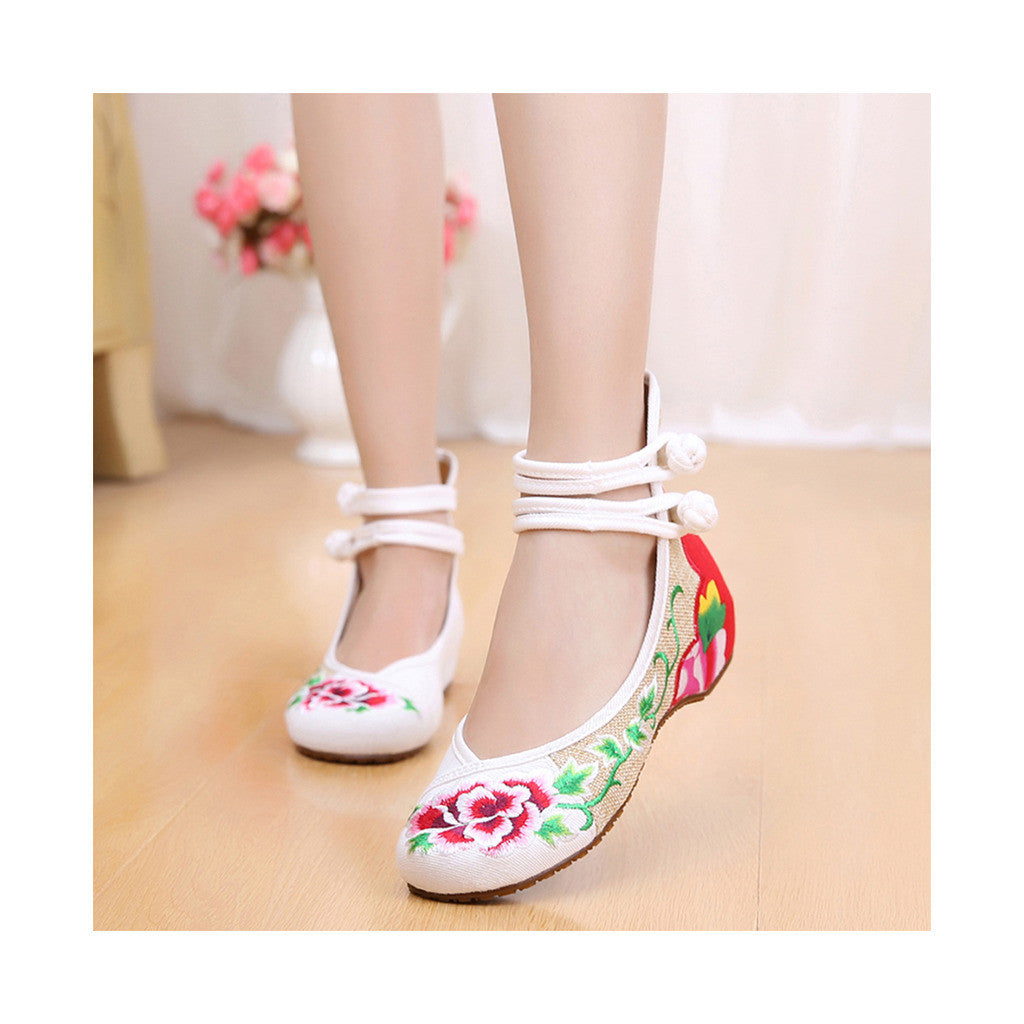 Old Beijing Beige & White Cowhell Sole Embroidered Shoes for Women National Style with Floral Designs & Double Straps - Mega Save Wholesale & Retail - 1