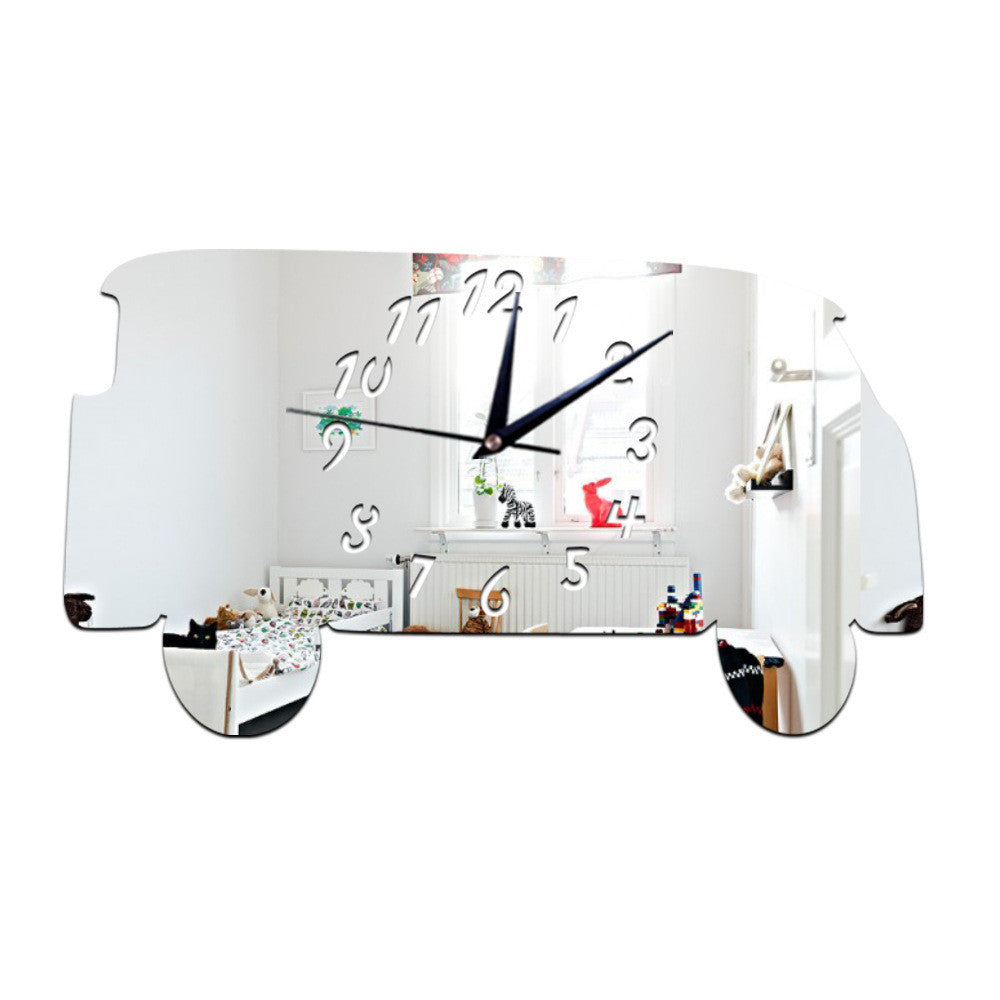 Creative Minibus Mirror Wall Clock Silent Acrylic Sticking   silver - Mega Save Wholesale & Retail