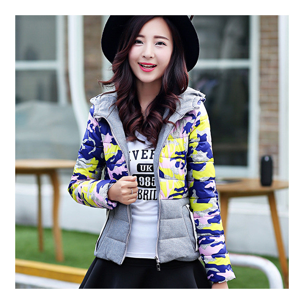 Light Thin Down Coat Hoodied Camouflage Short   blue   M - Mega Save Wholesale & Retail - 1