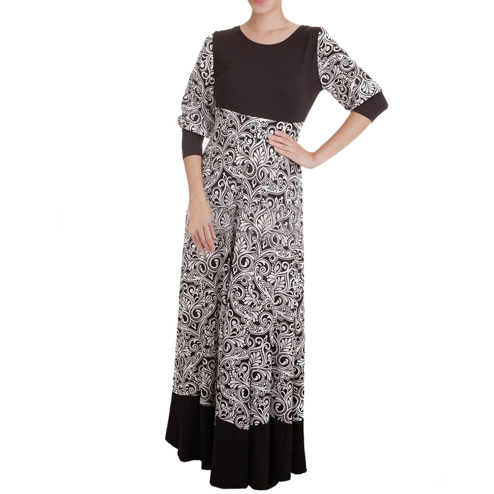 Muslim Printing Elastic Long Dress   black