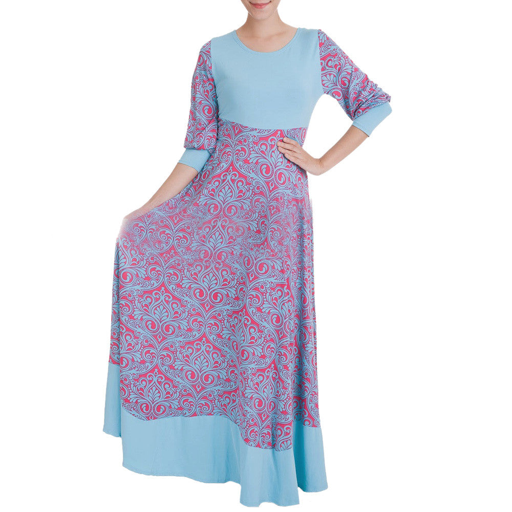 Muslim Printing Elastic Long Dress   blue