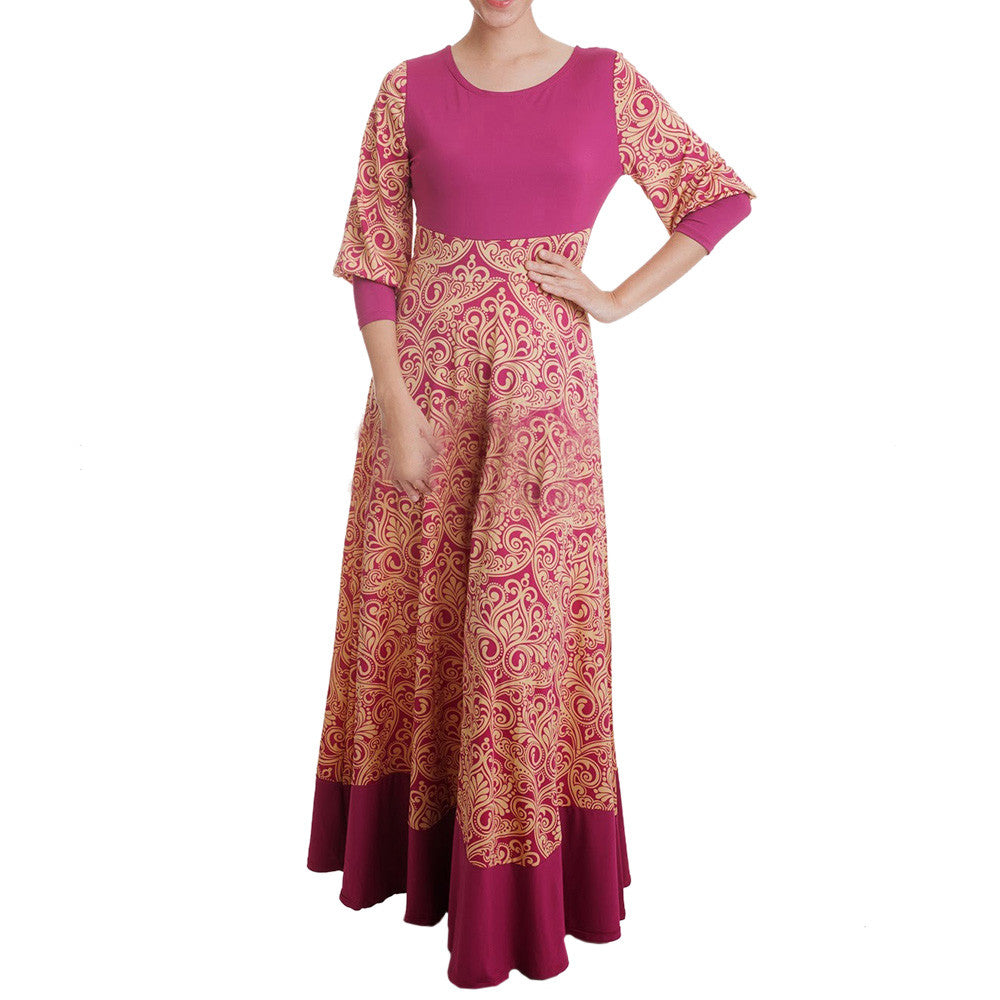 Muslim Printing Elastic Long Dress    rose red