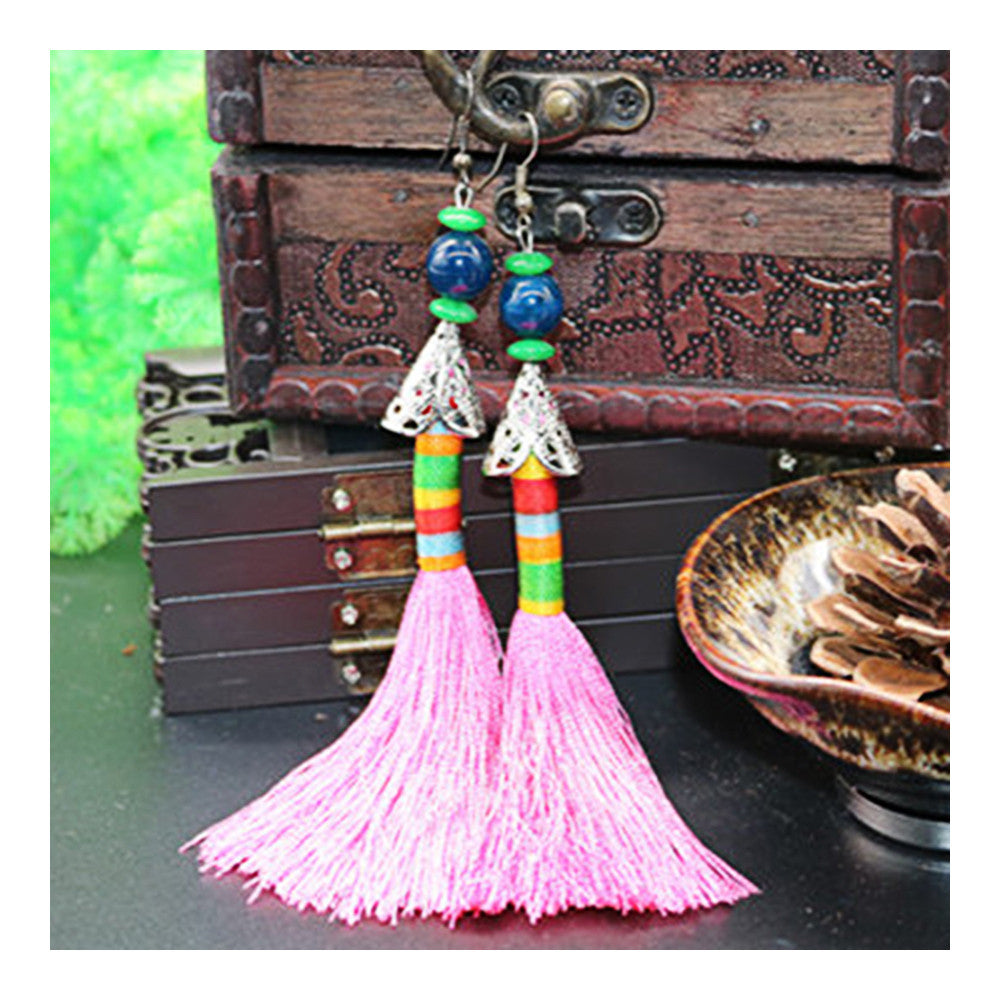 National Style Vintage Bead Tassel Long Earrings Bridal Wedding   pink