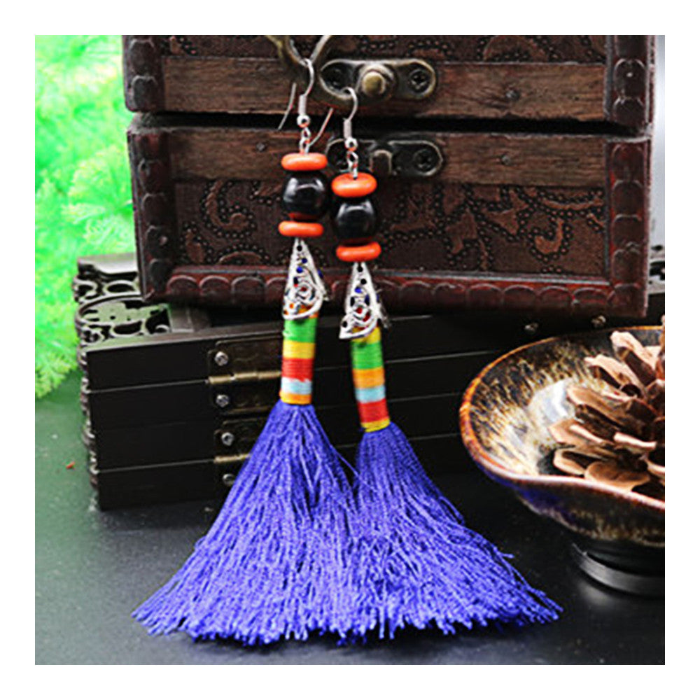 National Style Vintage Bead Tassel Long Earrings Bridal Wedding   dark blue