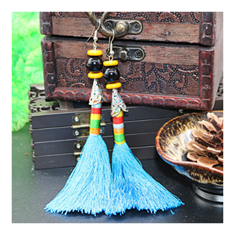 National Style Vintage Bead Tassel Long Earrings Bridal Wedding   sky blue
