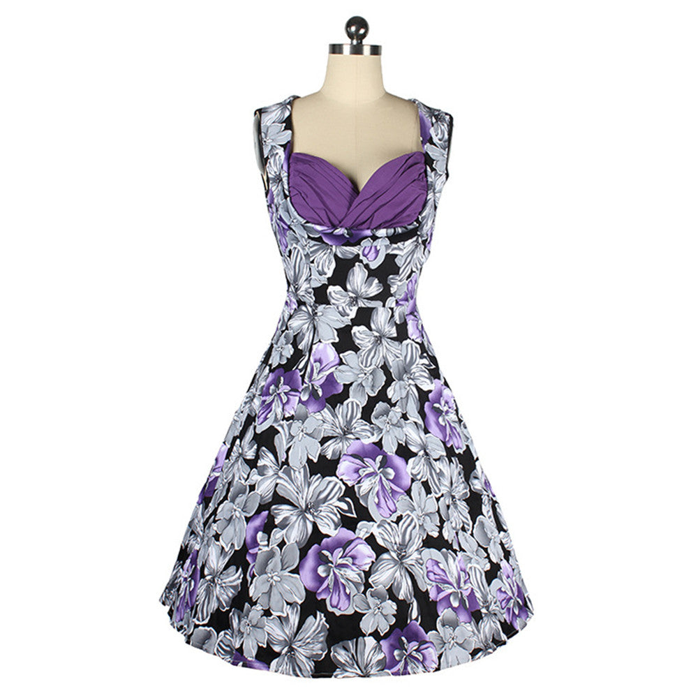 Vintage Hepburn Style Summer Sleeveless 50s Dress   purple   S - Mega Save Wholesale & Retail - 1