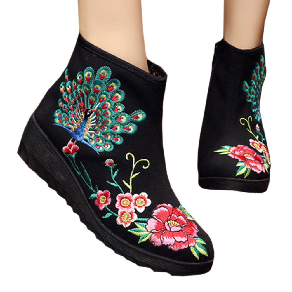 Peacock Vintage Beijing Cloth Shoes Embroidered Boots black - Mega Save Wholesale & Retail - 1