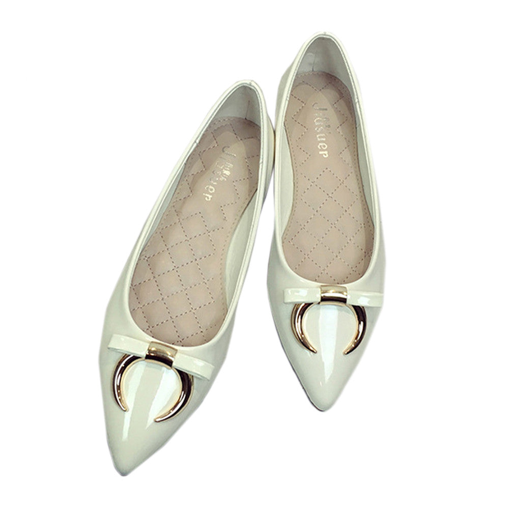 Ox Horn Metal Bowknot Pointed Low-cut Flat Thin Shoes  white - Mega Save Wholesale & Retail