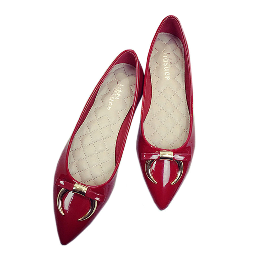 Ox Horn Metal Bowknot Pointed Low-cut Flat Thin Shoes  red - Mega Save Wholesale & Retail