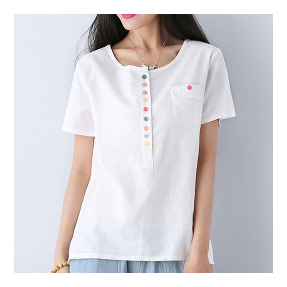 Cotton&Flax Short Sleeve T-shirt Loose Top Wear   beige   M - Mega Save Wholesale & Retail - 1