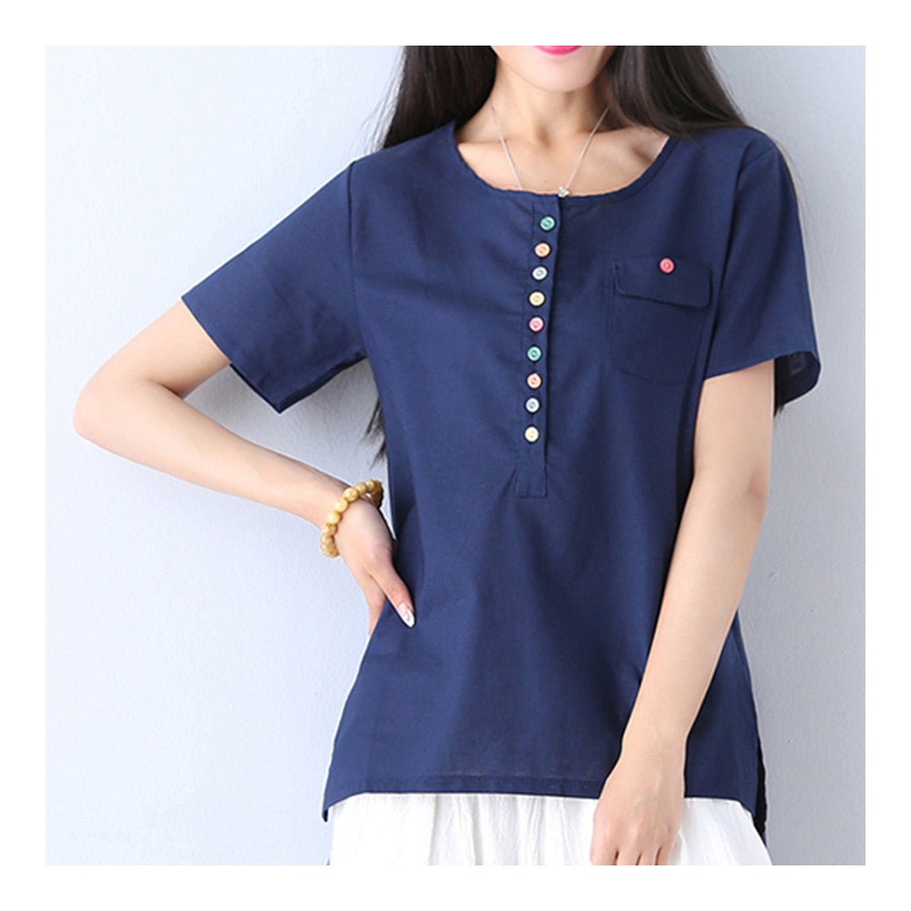 Cotton&Flax Short Sleeve T-shirt Loose Top Wear    blue   M - Mega Save Wholesale & Retail - 1