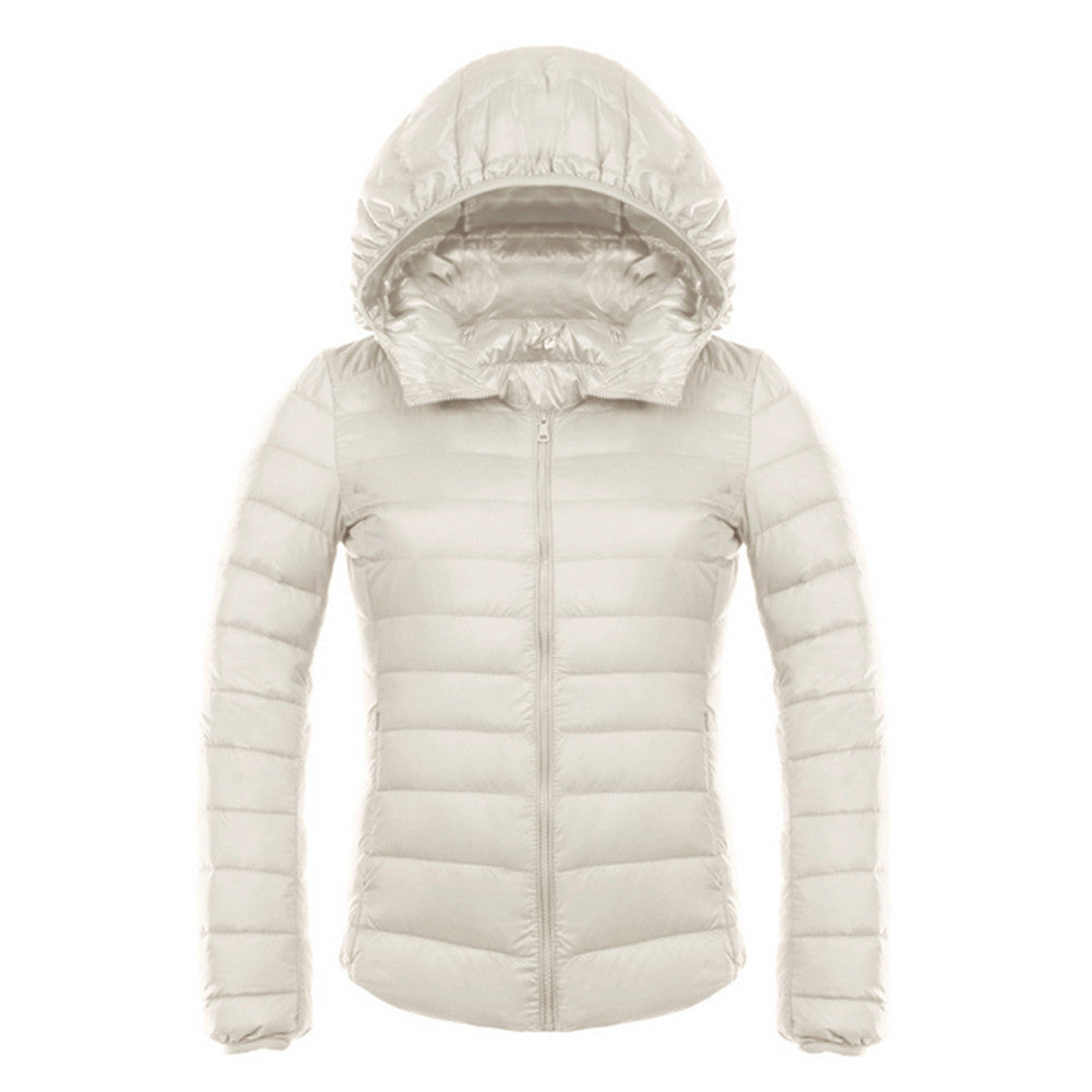 Woman Hooded Down Coat Short Thin Light Slim Plus Size   cream white   S - Mega Save Wholesale & Retail - 1