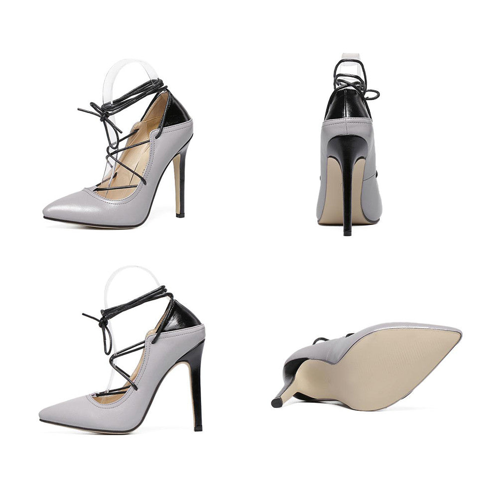 Cross Lace-up Chromatic Color Thin High Heel Low-cut Thin Shoes Pointed   white - Mega Save Wholesale & Retail - 4