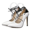 Cross Lace-up Chromatic Color Thin High Heel Low-cut Thin Shoes Pointed   white - Mega Save Wholesale & Retail - 1