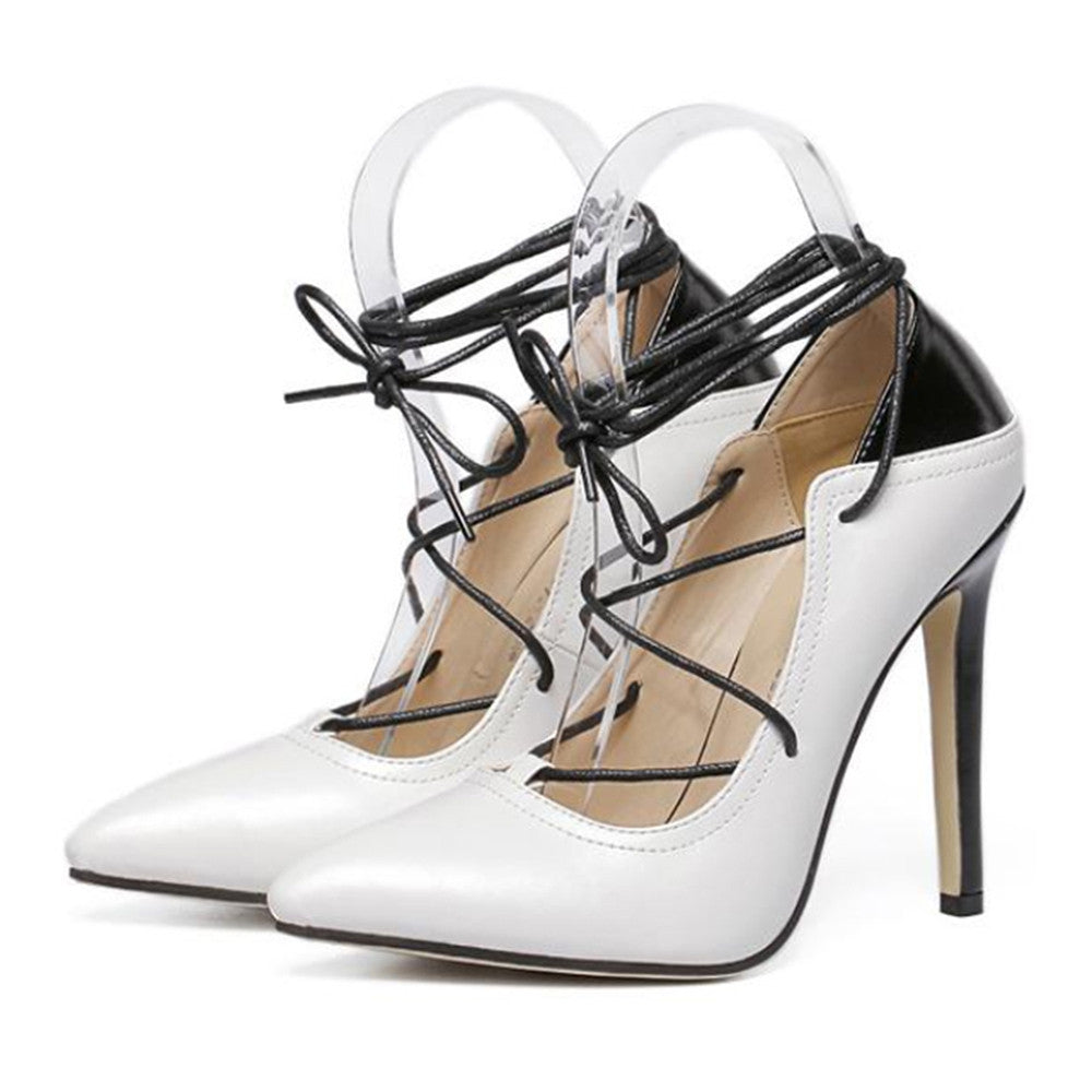 Cross Lace-up Chromatic Color Thin High Heel Low-cut Thin Shoes Pointed   white  35 - Mega Save Wholesale & Retail