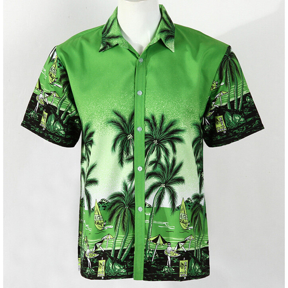 Hot Men Aloha Shirt Hawaiian Cruise Tropical Luau Beach Hawaiian Party Palm Green grass green L normal version - Mega Save Wholesale & Retail - 2