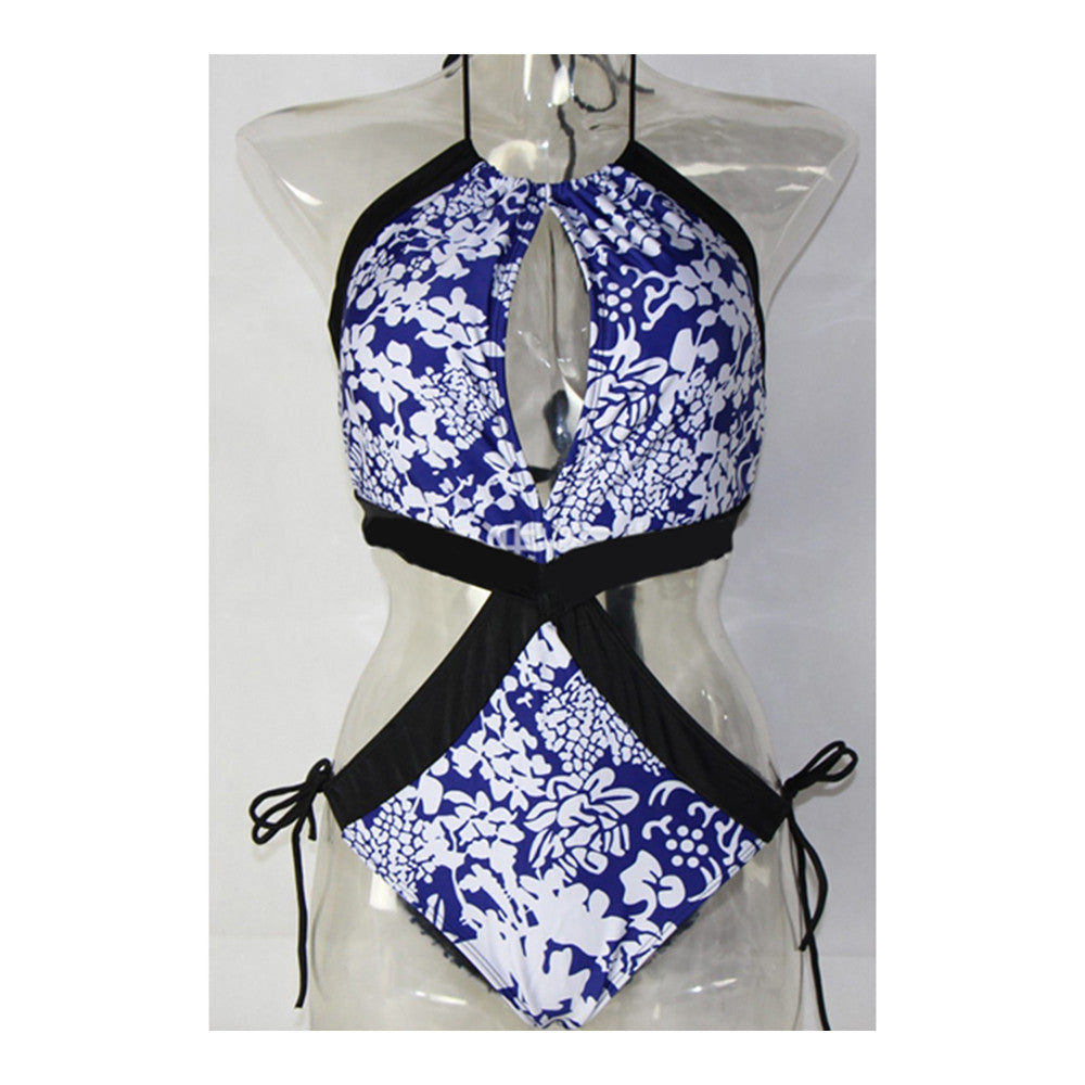 Siamesed Swimwear Swimsuit Black Leopard Print Women Bikini  Green flower porcelain  S - Mega Save Wholesale & Retail - 1