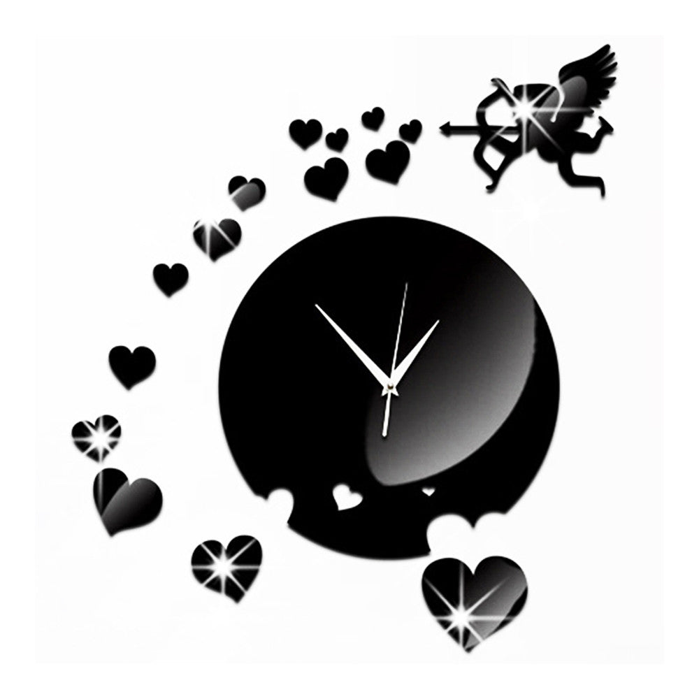 Creative Home Decoration Sticking Wall Clock Love Heart Cupid Mirror   black - Mega Save Wholesale & Retail