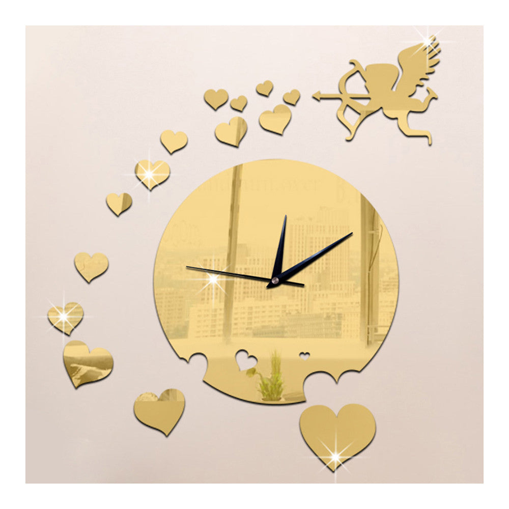 Creative Home Decoration Sticking Wall Clock Love Heart Cupid Mirror   golden - Mega Save Wholesale & Retail