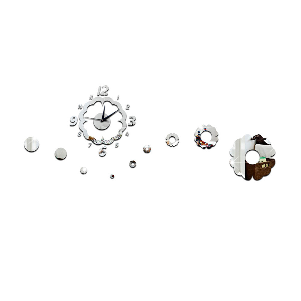 Flower Decoration Wall Clock Mirror Quartz Living Room   silver - Mega Save Wholesale & Retail