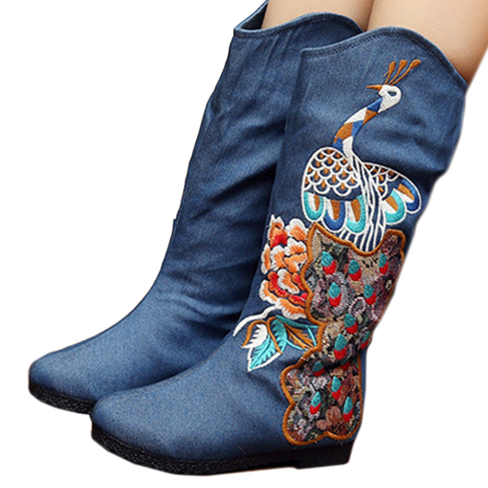 Peacock Vintage Beijing Cloth Shoes Embroidered Boots blue - Mega Save Wholesale & Retail - 1